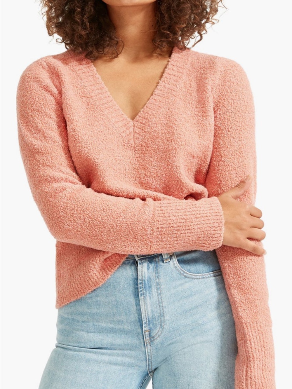 Everlane "The Teddy" Wool Blend V-Neck Sweater in Coral Boucle Size XL